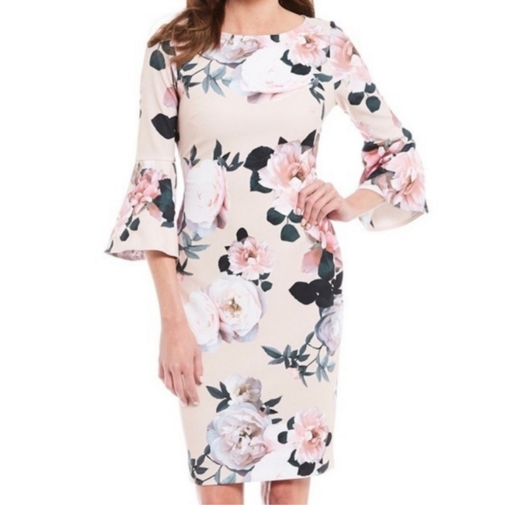 Calvin Klein Floral Bell Sleeve Sheath Dress 24W Wedding Party Careerwear Office